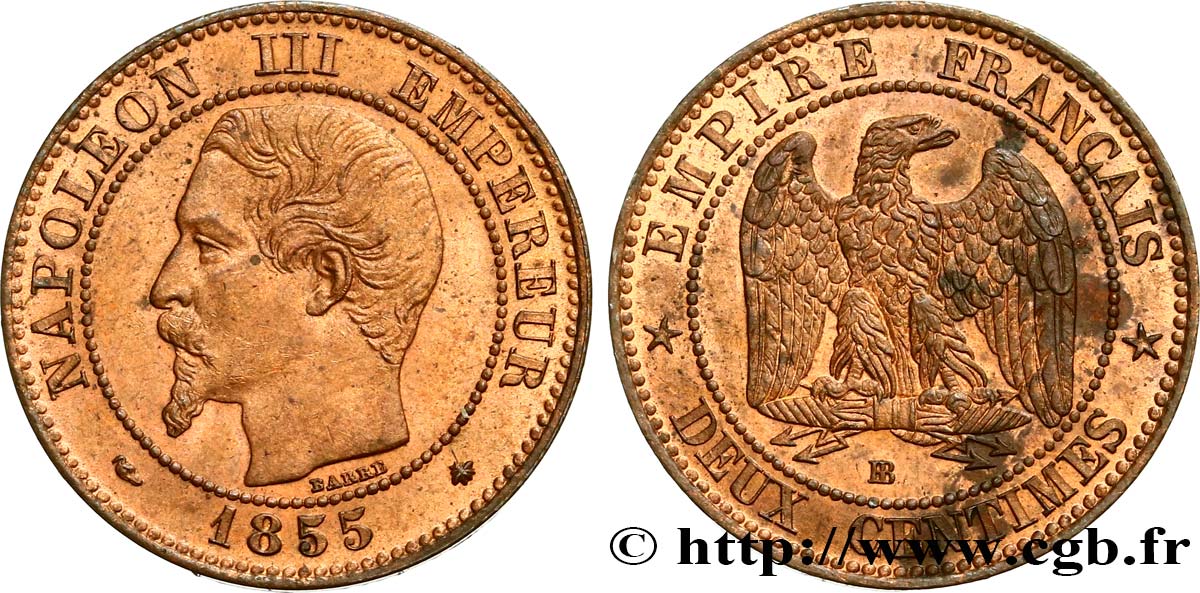 Deux centimes Napoléon III, tête nue 1855 Strasbourg F.107/23 EBC62 