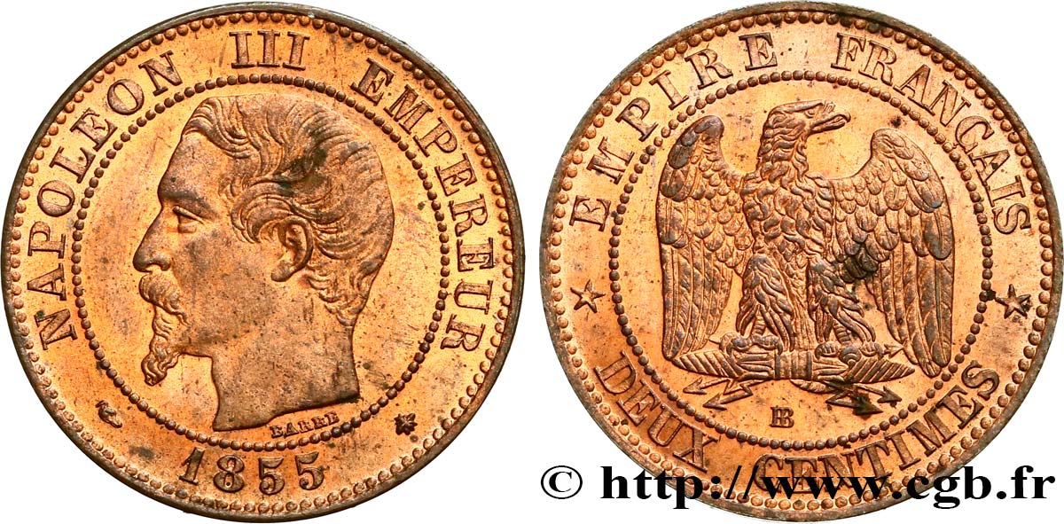 Deux centimes Napoléon III, tête nue 1855 Strasbourg F.107/23 SUP62 