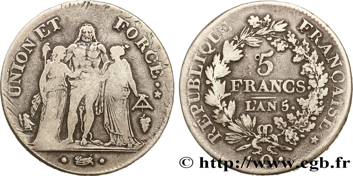5 francs Union et Force, Union serré, seulement gland extérieur 1797 Perpignan F.288/26 TB30 