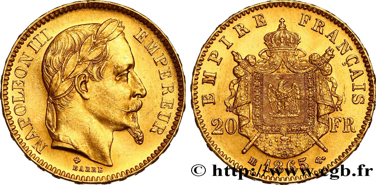 20 francs or Napoléon III, tête laurée 1865 Strasbourg F.532/12 MS60 