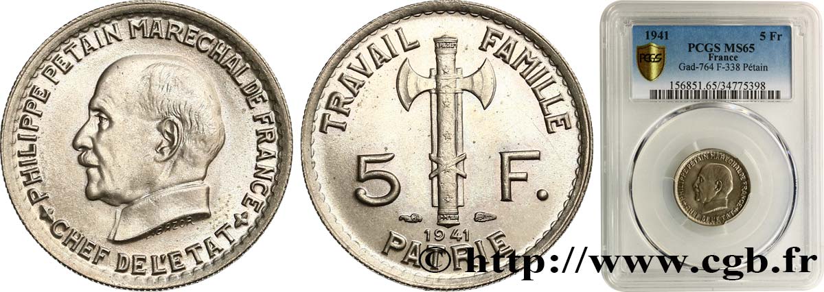 5 francs Pétain 1941  F.338/2 MS65 PCGS