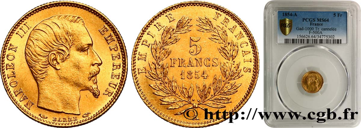 5 francs or Napoléon III, tête nue, petit module, tranche cannelée 1854 Paris F.500A/1 MS64 PCGS