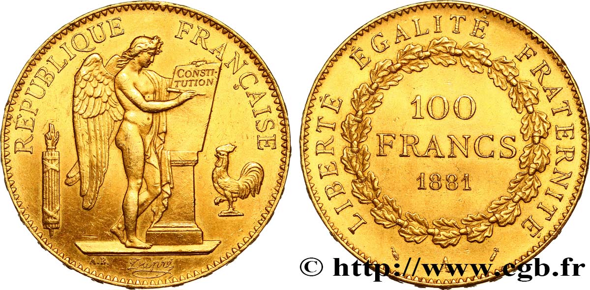 100 francs or Génie, tranche inscrite en relief Dieu protège la France 1881 Paris F.552/4 AU55 