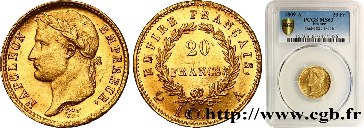 20 francs or Napoléon tête laurée, Empire français 1809 Paris F.516/1 MS63 PCGS