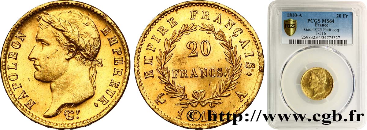 20 francs or Napoléon tête laurée, Empire français 1810 Paris F.516/9 MS64 PCGS