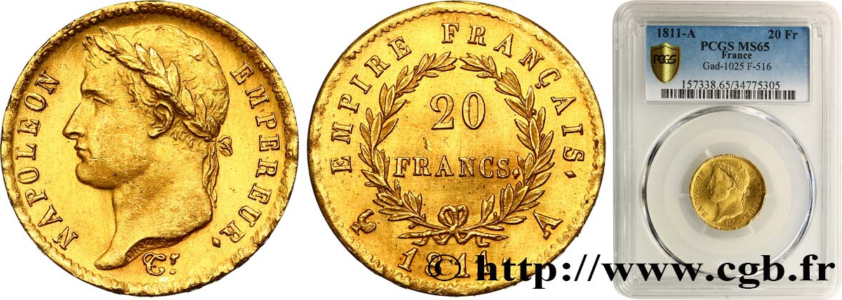 20 francs or Napoléon tête laurée, Empire français 1811 Paris F.516/16 ST65 PCGS
