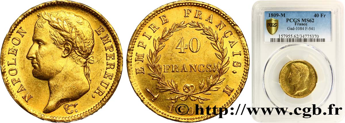 40 francs or Napoléon tête laurée, Empire français 1809 Toulouse F.541/2 SUP62 PCGS