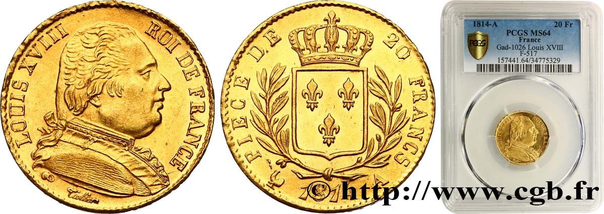 20 francs or Louis XVIII, buste habillé 1814 Paris F.517/1 MS64 PCGS