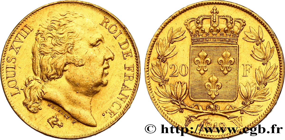 20 francs or Louis XVIII, tête nue 1818 Lille F.519/14 MS 