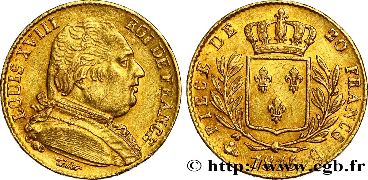 20 francs or Louis XVIII, buste habillé 1815 Perpignan F.517/17 BB48 