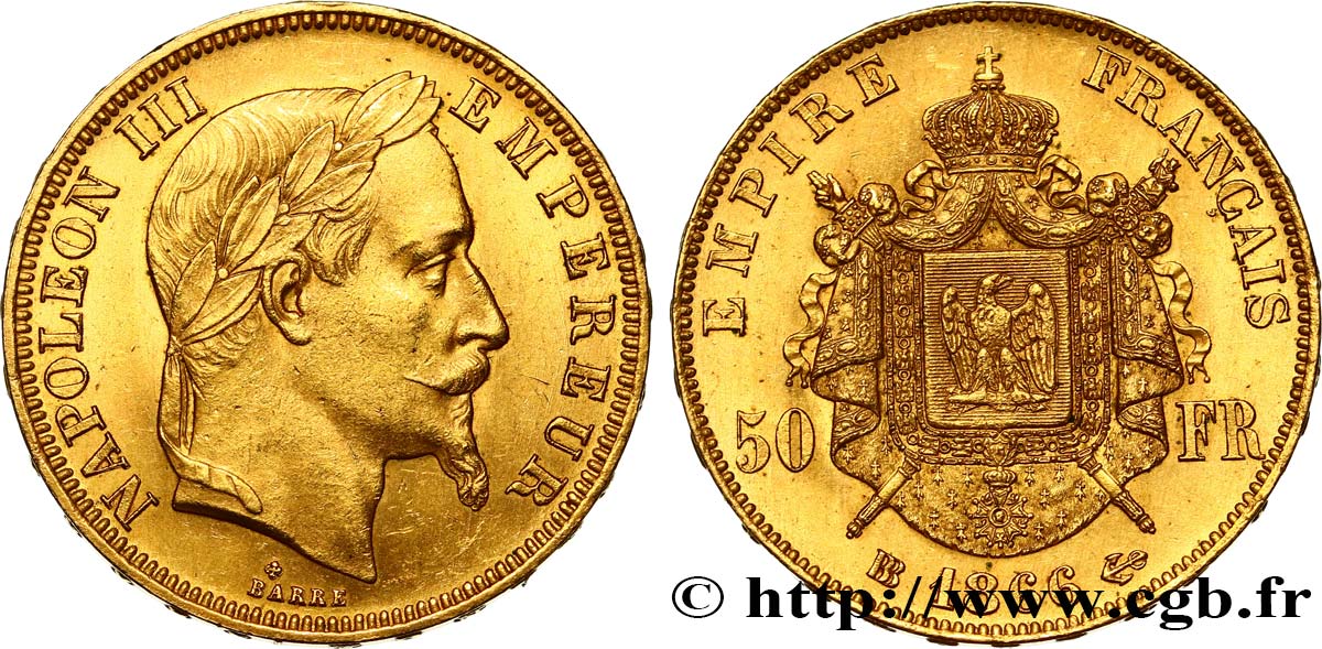 50 francs or Napoléon III, tête laurée 1866 Strasbourg F.548/7 SPL55 