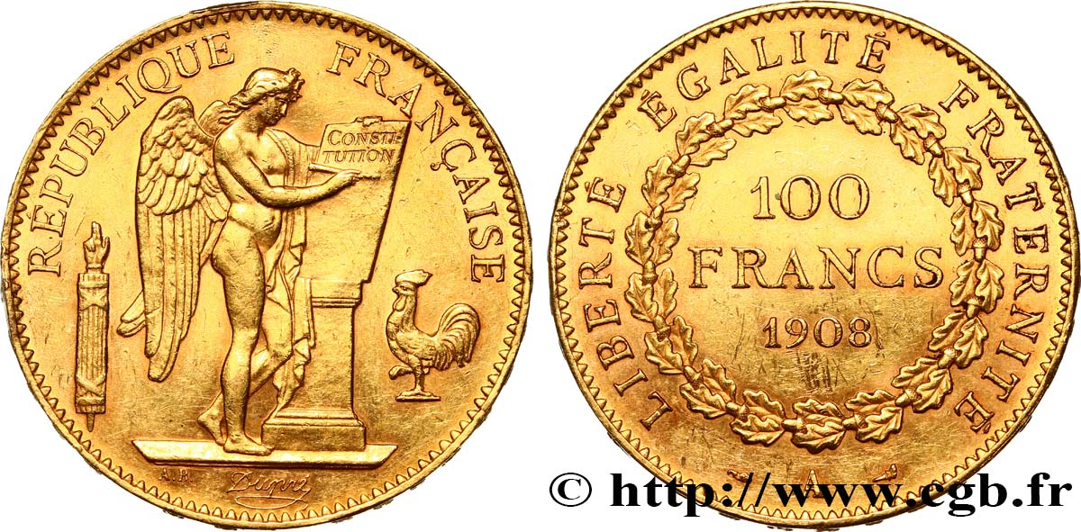 100 francs or Génie, tranche inscrite en relief liberté égalité fraternité 1908 Paris F.553/2 BB52 