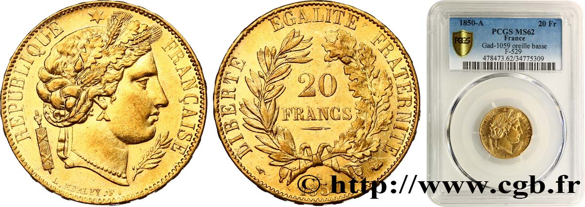 20 francs or Cérès, oreille basse 1850 Paris F.529/3 SUP62 PCGS