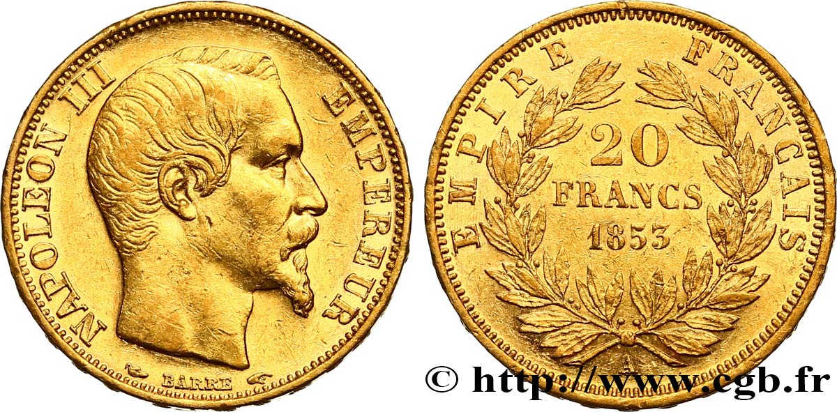 20 francs or Napoléon III, tête nue 1853 Paris F.531/1 EBC55 