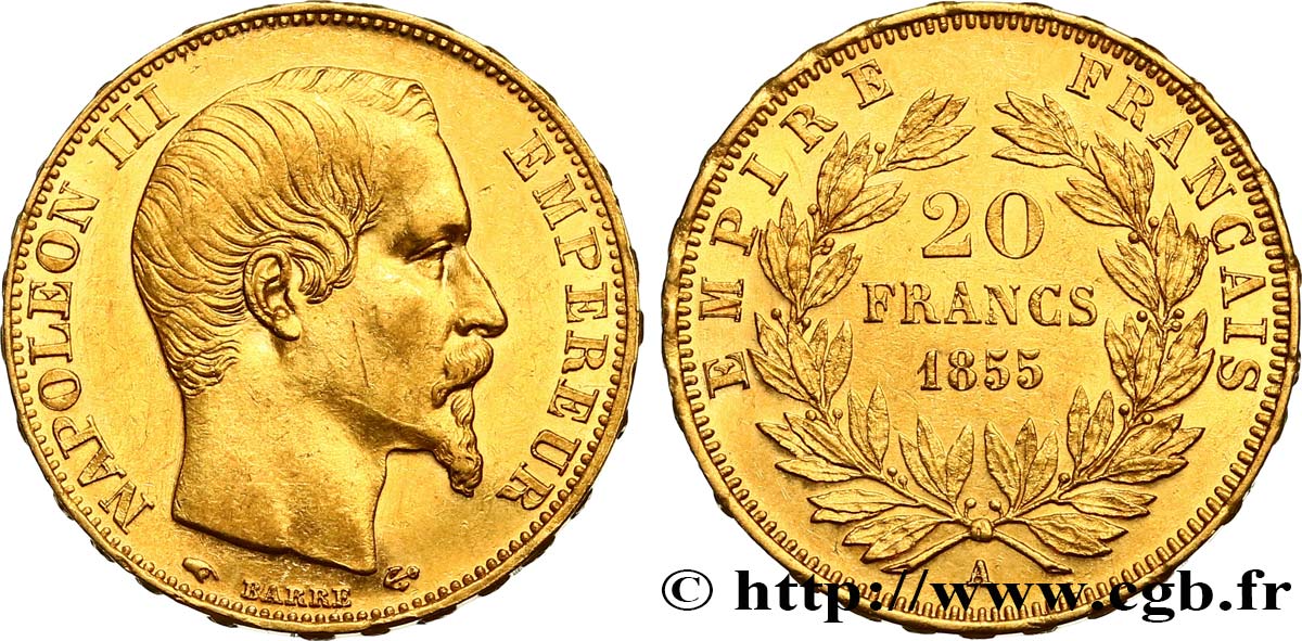 20 francs or Napoléon III, tête nue 1855 Paris F.531/4 SUP58 
