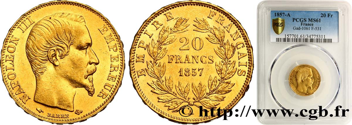 20 francs or Napoléon III, tête nue 1857 Paris F.531/12 VZ61 PCGS