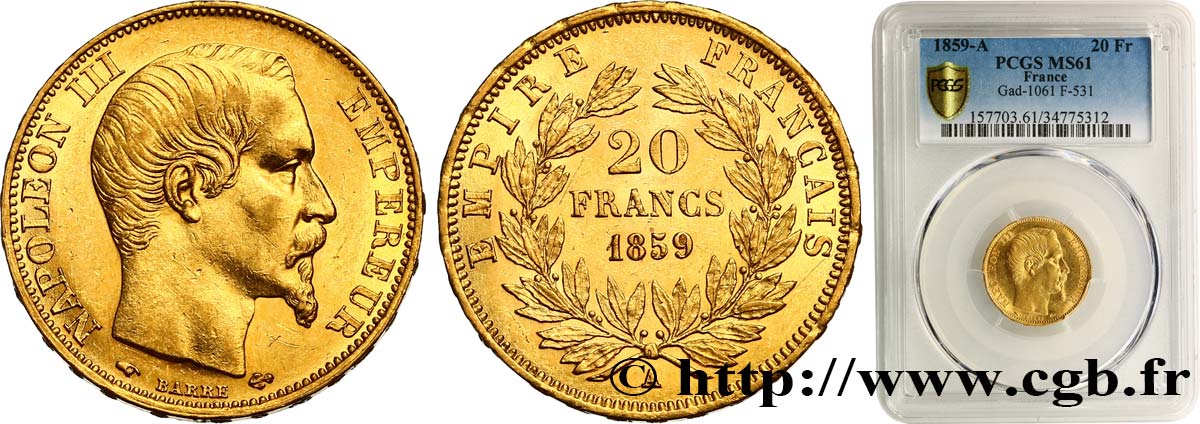 20 francs or Napoléon III, tête nue 1859 Paris F.531/15 SPL61 PCGS
