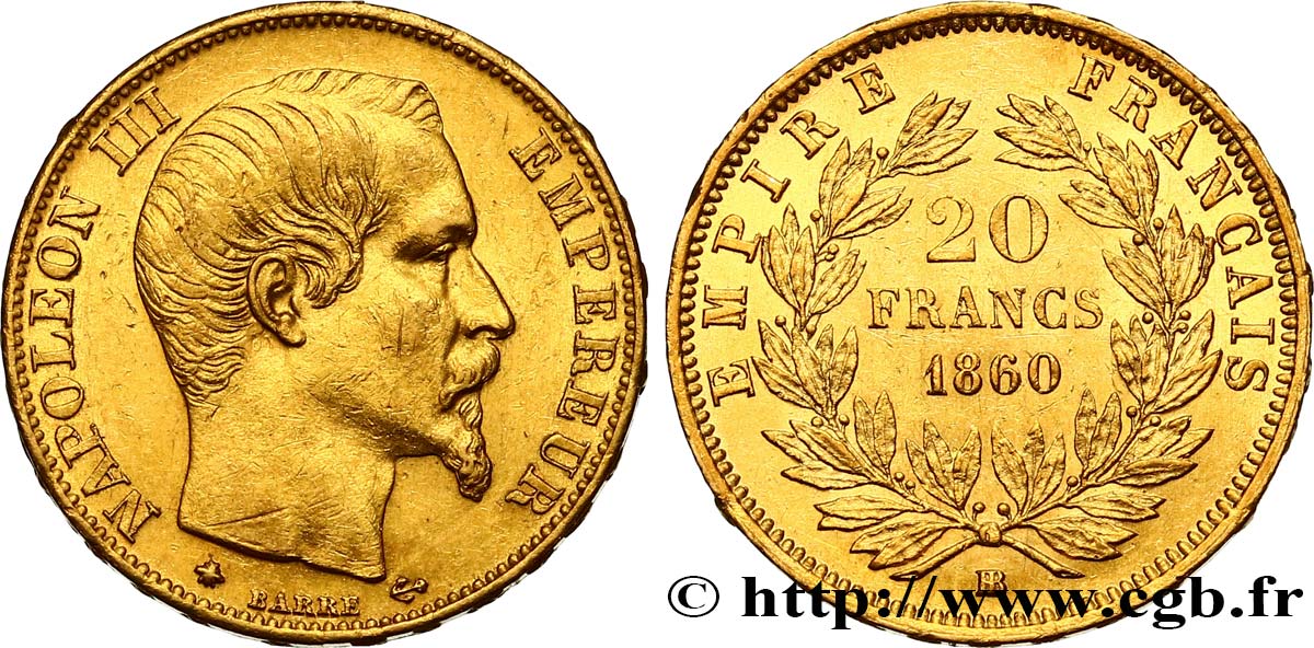 20 francs or Napoléon III, tête nue 1860 Strasbourg F.531/20 SPL58 