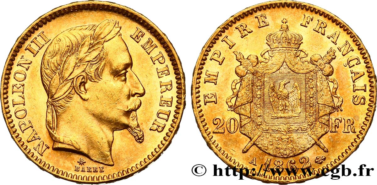 20 francs or Napoléon III, tête laurée 1862 Paris F.532/3 AU55 
