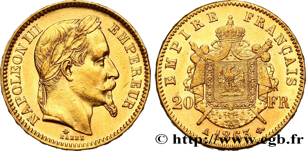 20 francs or Napoléon III, tête laurée 1863 Paris F.532/6 TTB50 