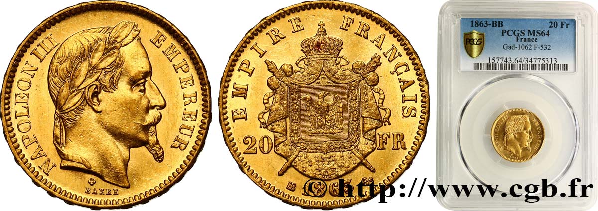 20 francs or Napoléon III, tête laurée 1863 Strasbourg F.532/7 SC64 PCGS