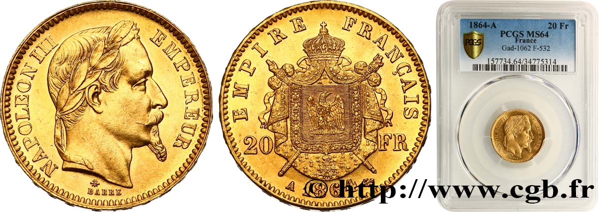 20 francs or Napoléon III, tête laurée 1864 Paris F.532/8 MS64 PCGS