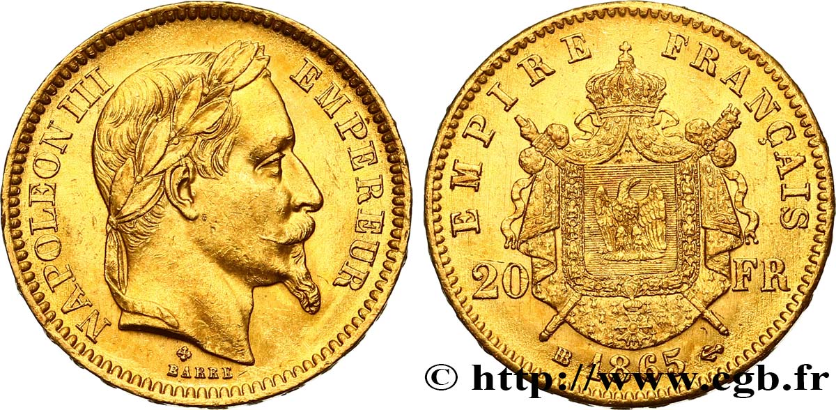 20 francs or Napoléon III, tête laurée 1865 Strasbourg F.532/12 AU58 