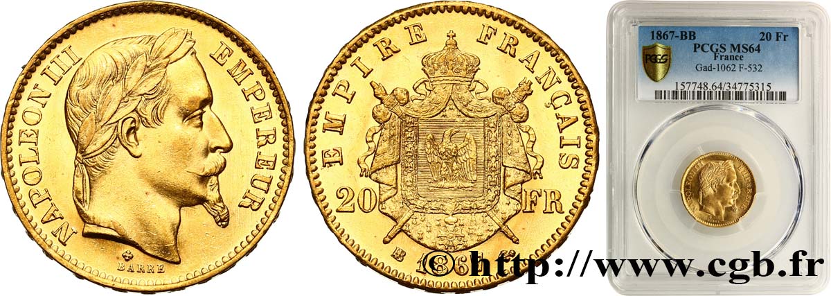 20 francs or Napoléon III, tête laurée 1867 Strasbourg F.532/16 fST64 PCGS