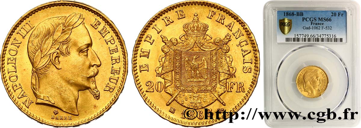 20 francs or Napoléon III, tête laurée 1868 Strasbourg F.532/19 MS66 PCGS