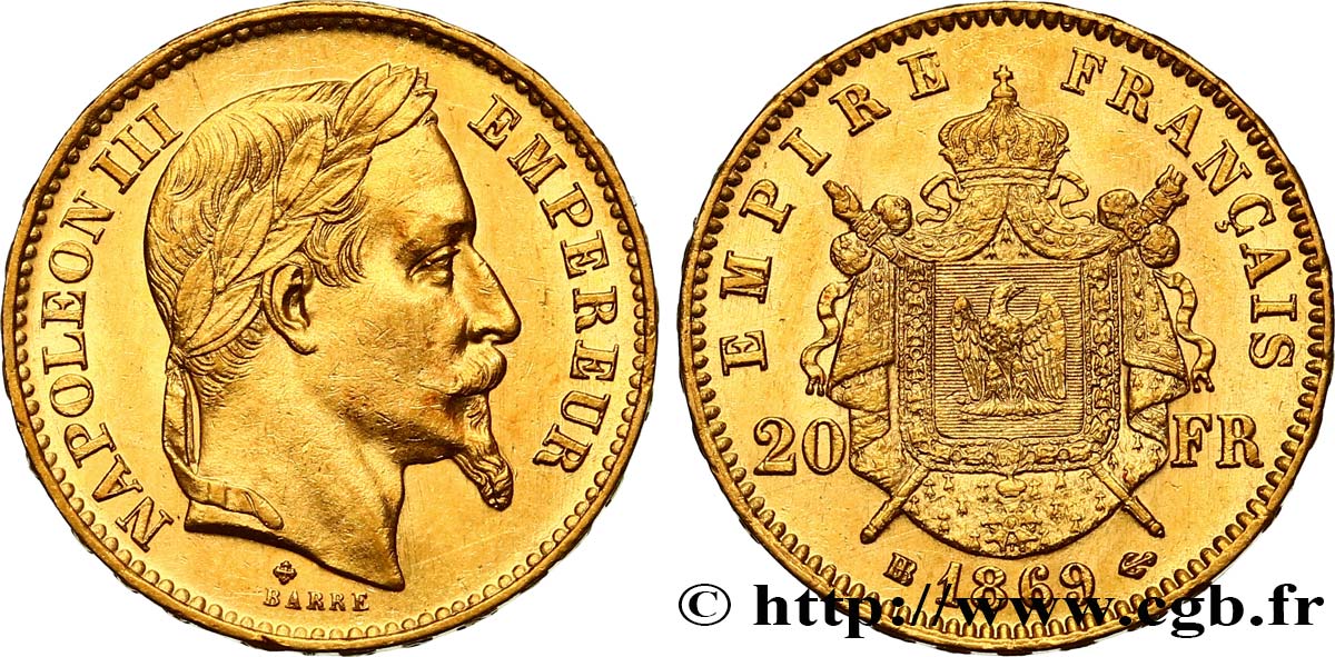 20 francs or Napoléon III, tête laurée, petit BB 1869 Strasbourg F.532/21 AU55 