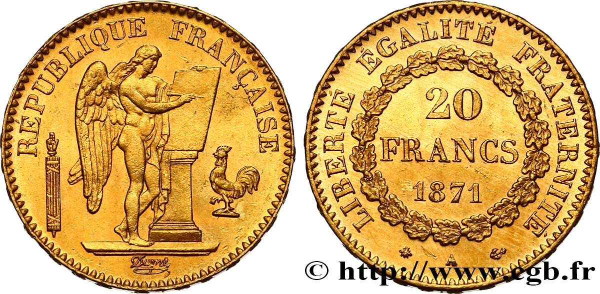 20 francs or Génie, IIIe République 1871 Paris F.533/1 MS62 