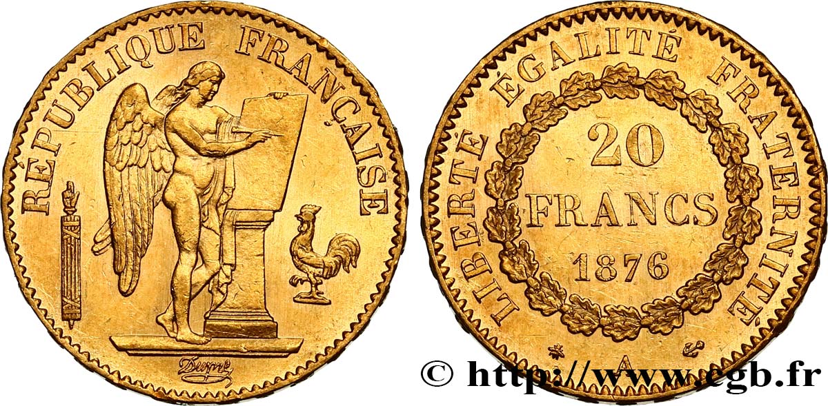 20 francs or Génie, IIIe République 1876 Paris F.533/4 SPL58 