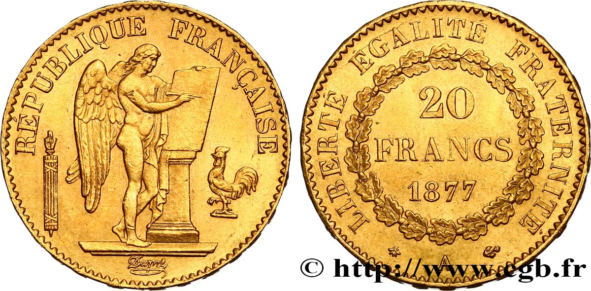 20 francs or Génie, Troisième République 1877 Paris F.533/5 MS60 