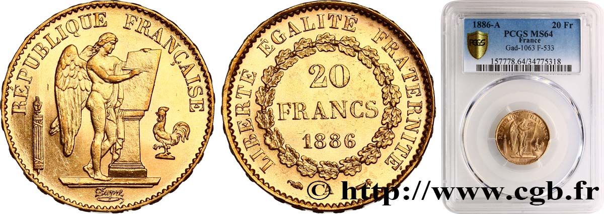 20 francs or Génie, IIIe République 1886 Paris F.533/9 SPL64 PCGS