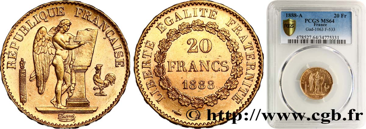 20 francs or Génie, Troisième République 1888 Paris F.533/11 SPL64 PCGS