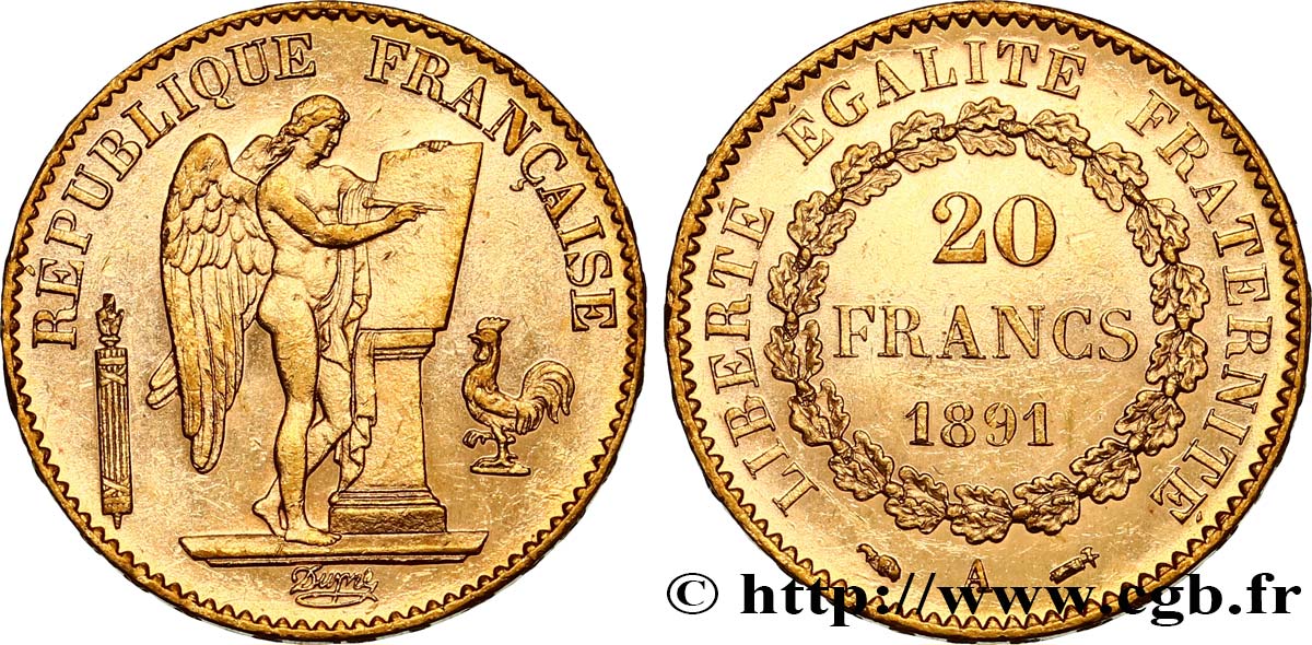 20 francs or Génie, IIIe République 1891 Paris F.533/15 SUP60 
