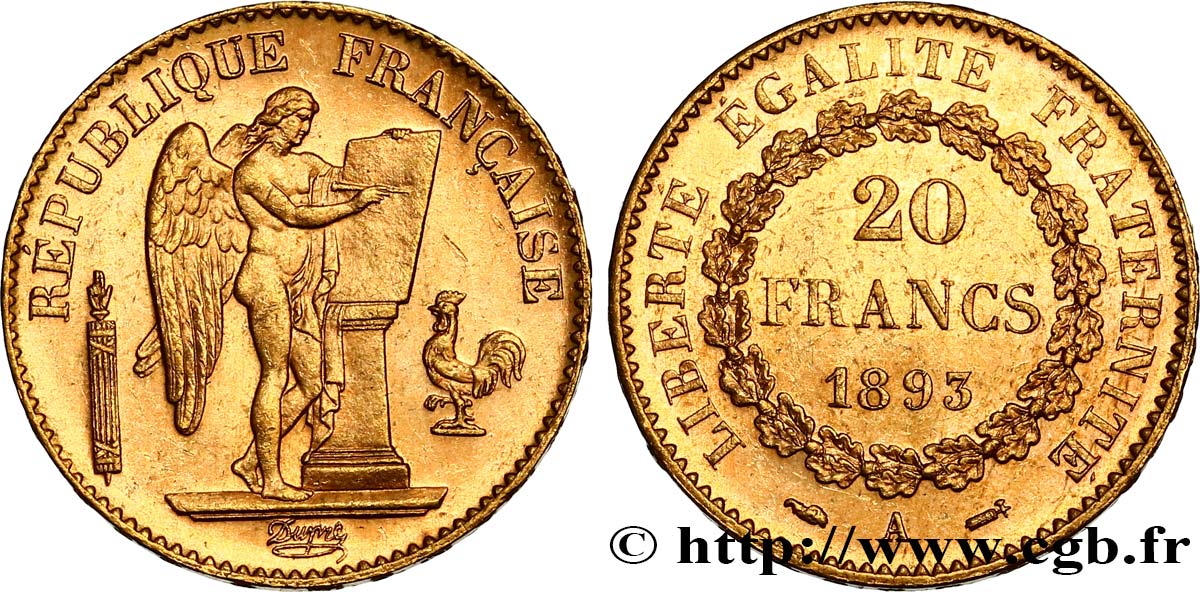 20 francs or Génie, Troisième République 1893 Paris F.533/17 AU55 