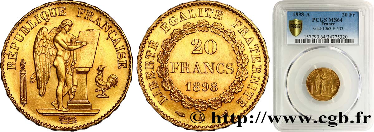 20 francs or Génie, Troisième République 1898 Paris F.533/23 SPL64 PCGS