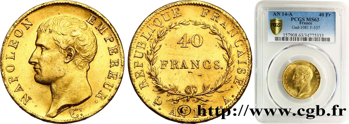40 francs or Napoléon tête nue, Calendrier révolutionnaire 1805 Paris F.537/2 MS63 PCGS