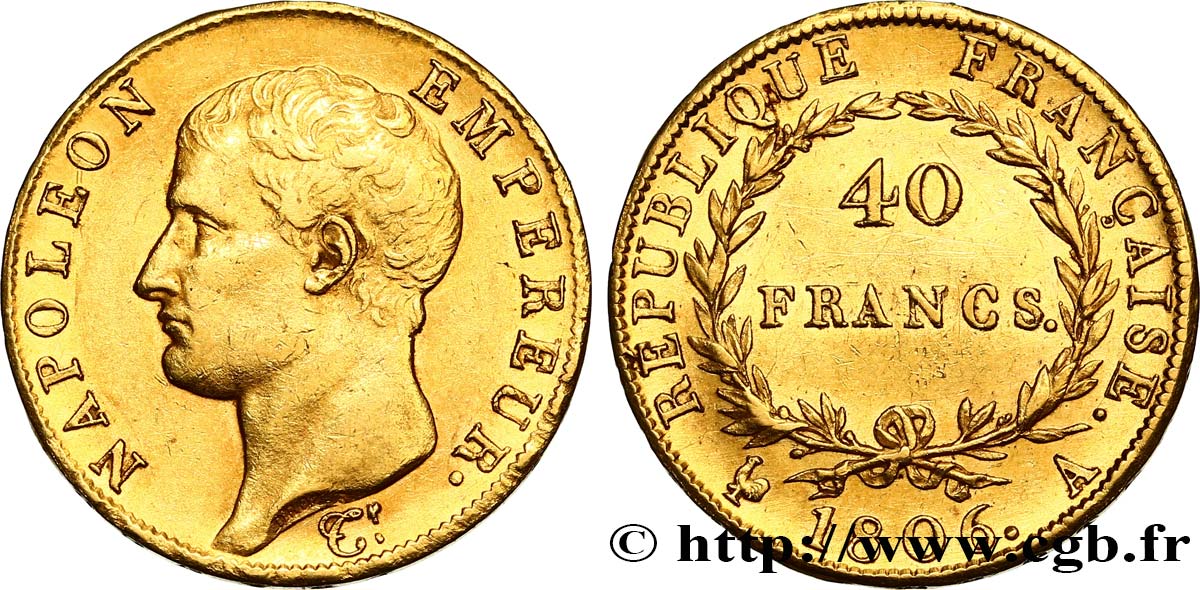40 francs or Napoléon tête nue, Calendrier grégorien 1806 Paris F.538/1 MBC50 