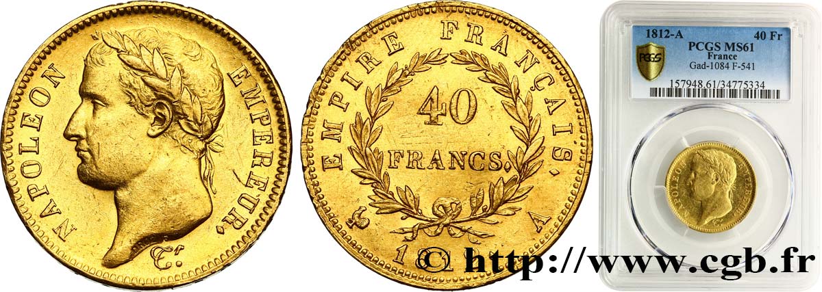 40 francs or Napoléon tête laurée, Empire français 1812 Paris F.541/9 MS61 PCGS