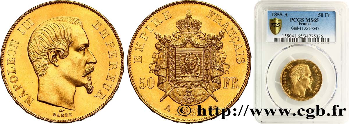 50 francs or Napoléon III, tête nue 1855 Paris F.547/1 MS65 PCGS