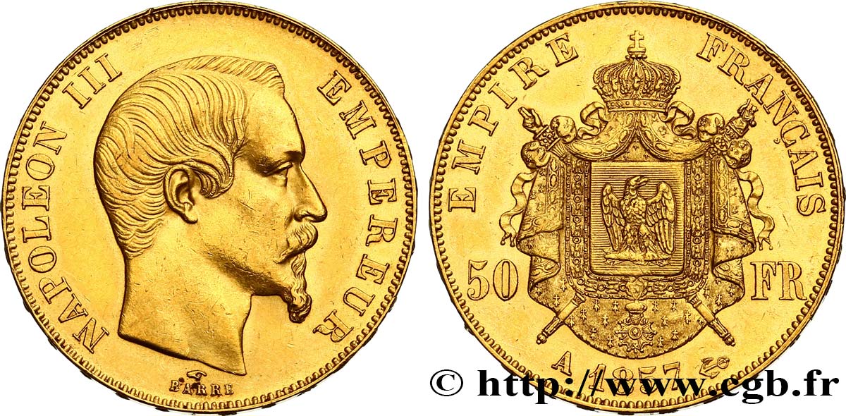 50 francs or Napoléon III, tête nue 1857 Paris F.547/4 VZ55 