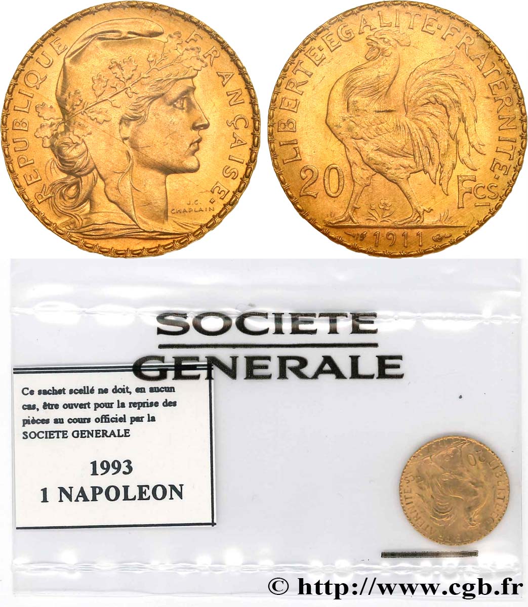 20 francs or Coq, Liberté Égalité Fraternité 1911 Paris F.535/5 EBC 