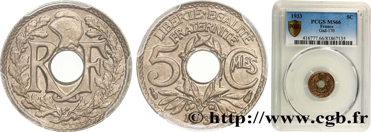 5 centimes Lindauer, petit module 1933 Paris F.122/16 ST66 PCGS
