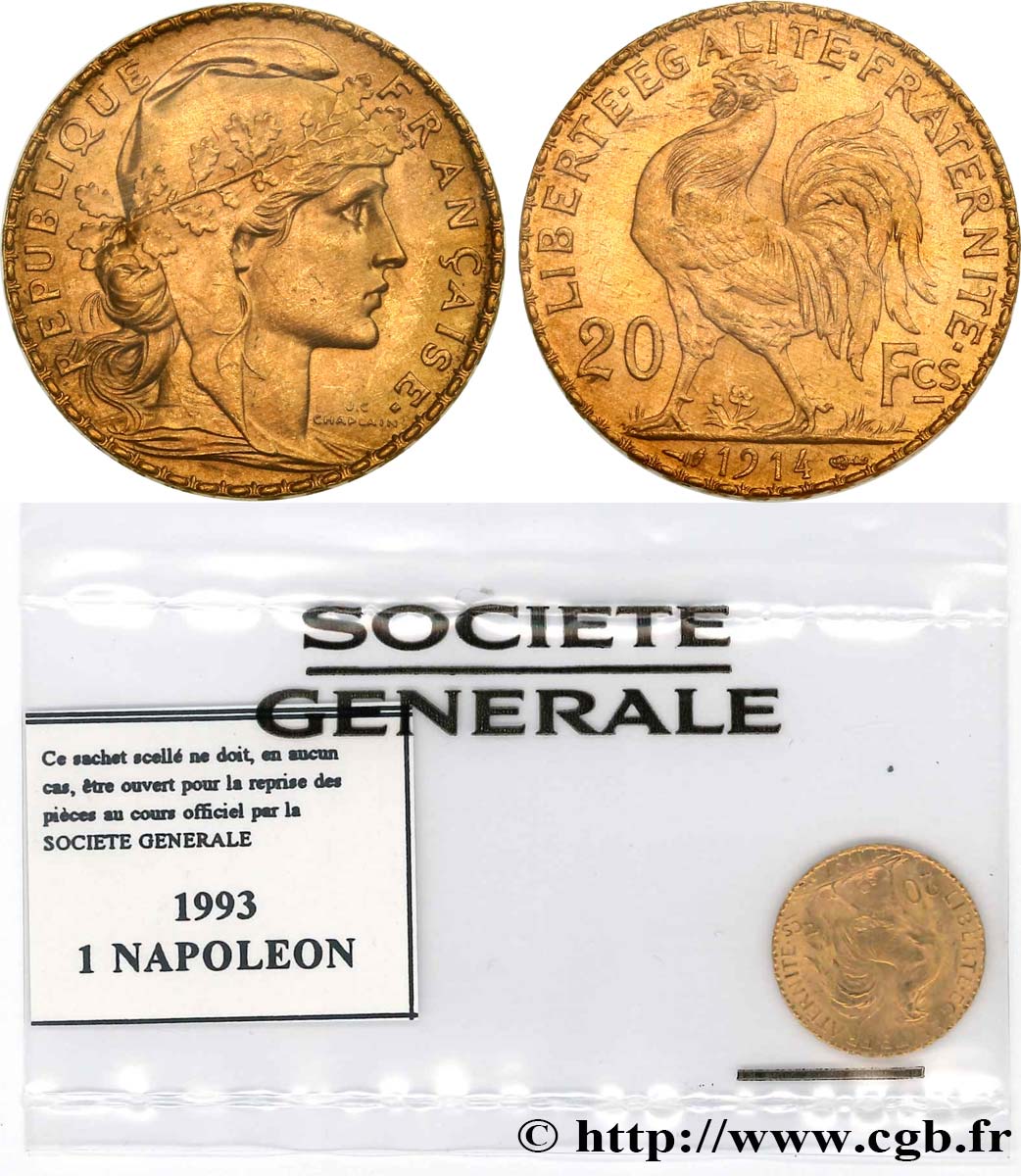 20 francs or Coq, Liberté Égalité Fraternité 1914 Paris F.535/8 SUP60 