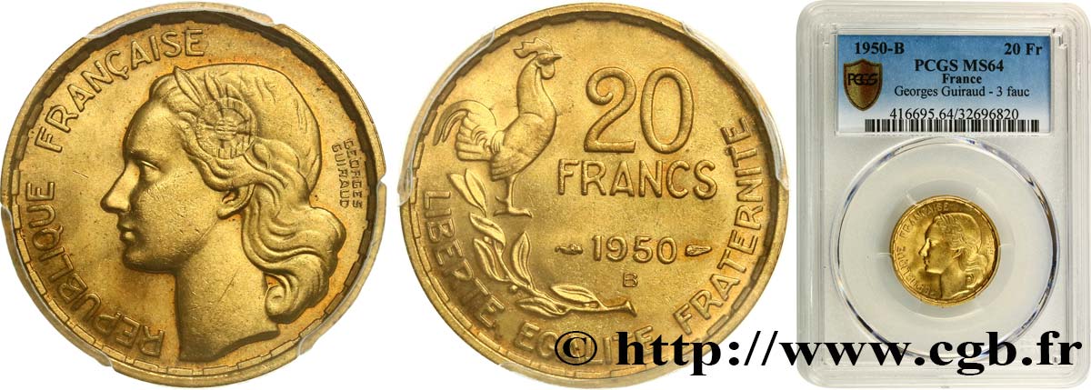 20 francs Georges Guiraud, 3 faucilles 1950 Beaumont-Le-Roger F.401/2 SPL64 PCGS
