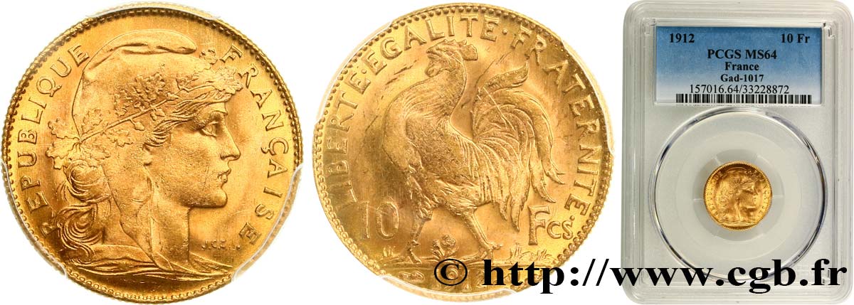 10 francs or Coq 1912 Paris F.509/13 fST64 PCGS