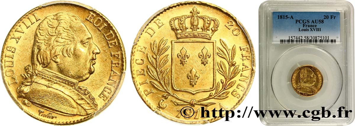 20 francs or Louis XVIII, buste habillé 1815 Paris F.517/10 SPL58 PCGS