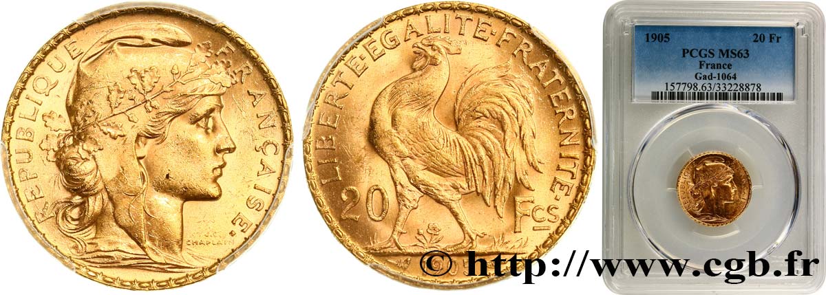 20 francs or Coq, Dieu protège la France 1905 Paris F.534/10 fST63 PCGS